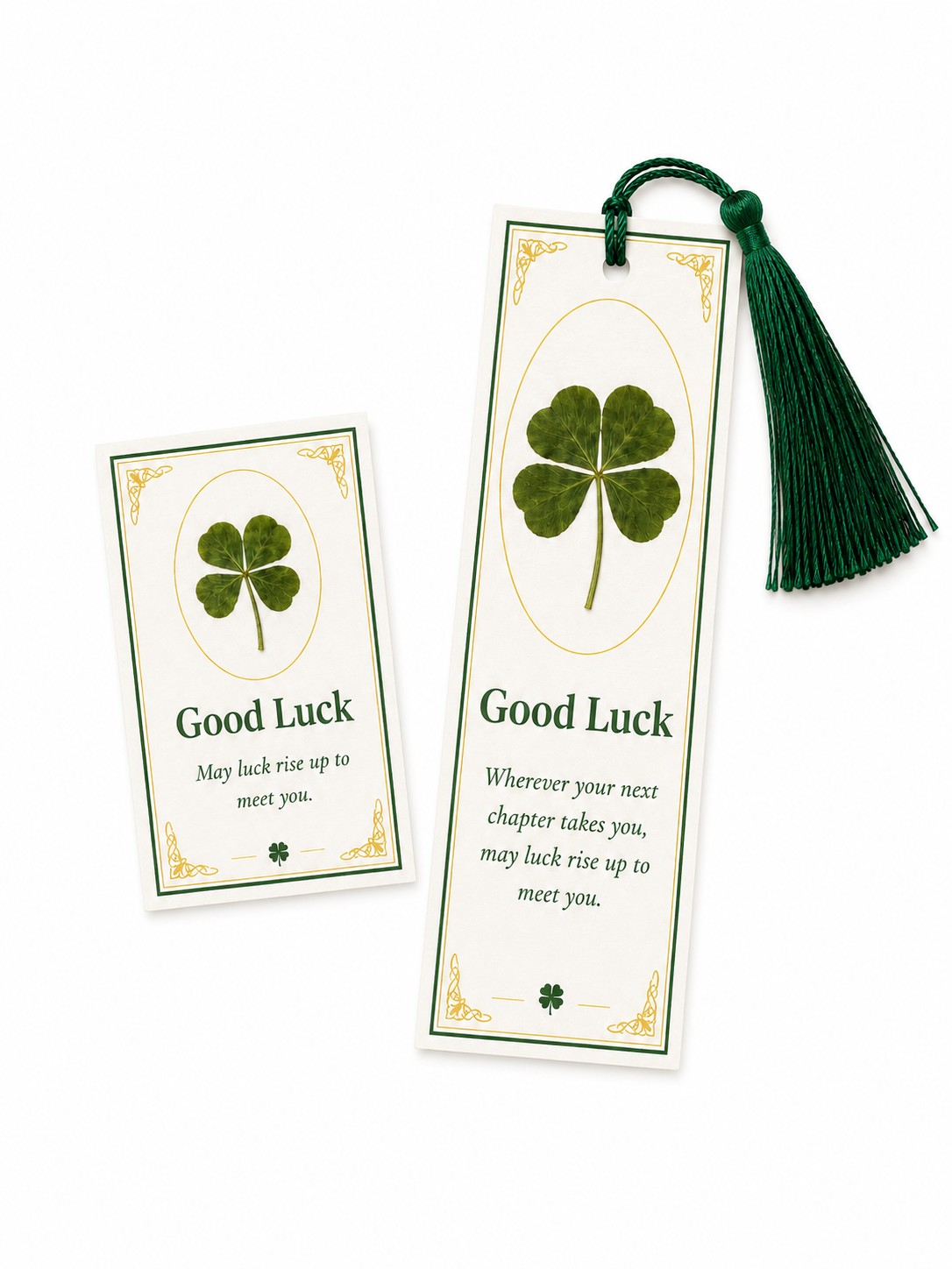A matching clover bookmark and wallet card duo
