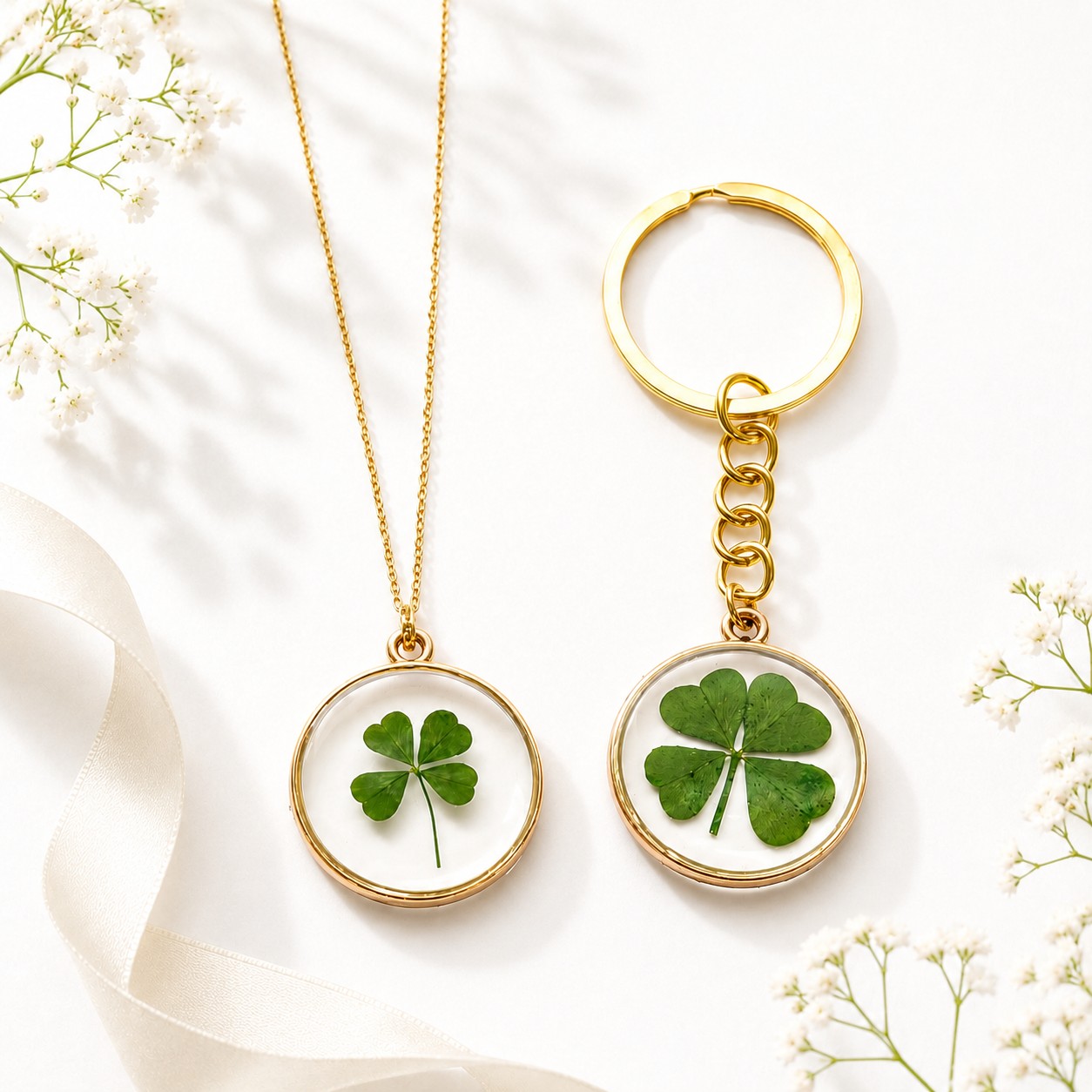 A four-leaf clover necklace and keychain gift set