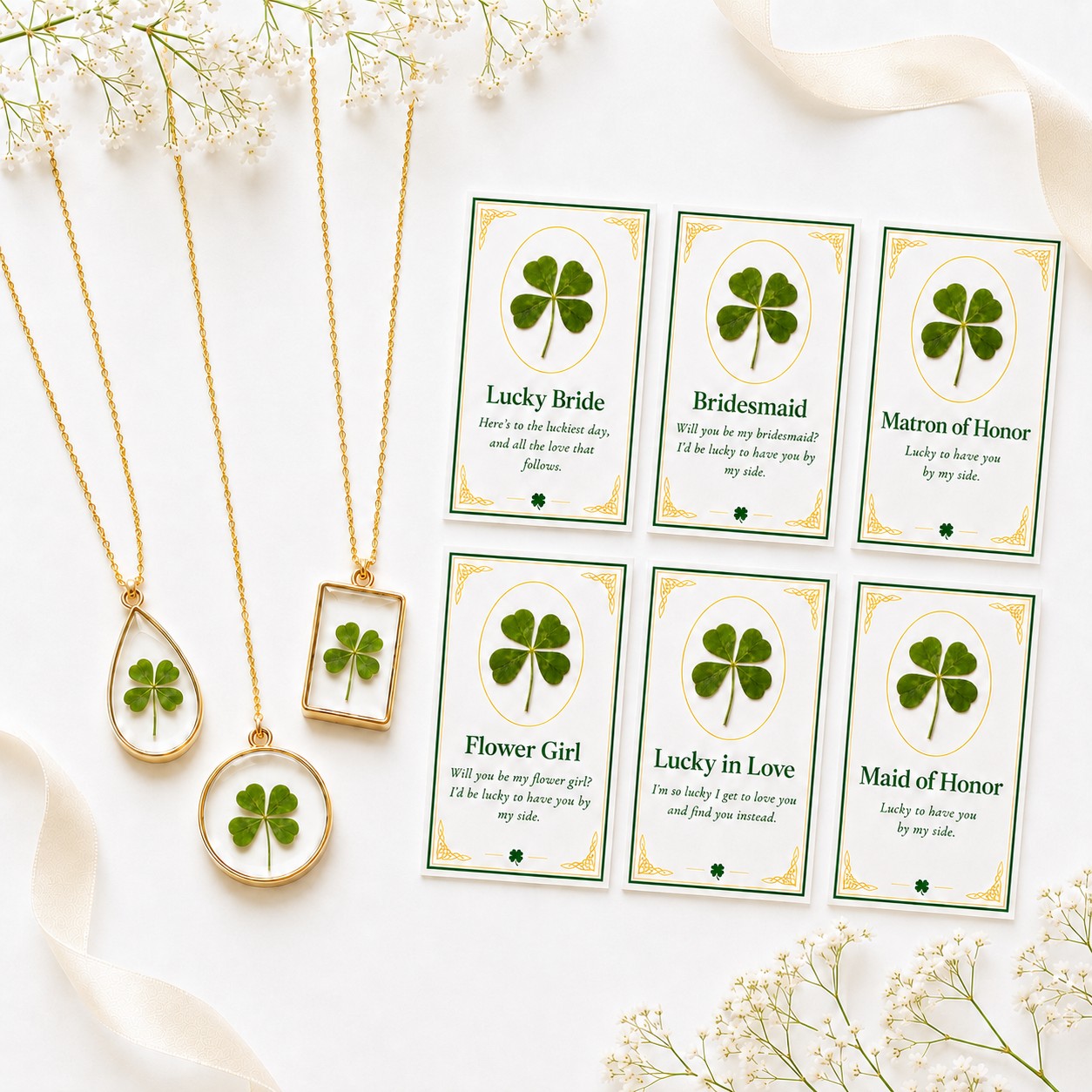 Bridal party clover proposal cards — Lucky Bride, Maid of Honor, Bridesmaid, Flower Girl and more